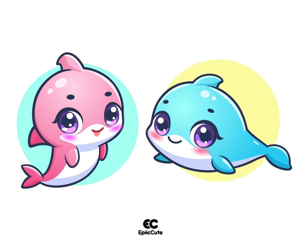 การ์ตูนโลมาน่ารักๆ สีฟ้า สีชมพู ยิ้มแย้ม ร่าเริง - view 1