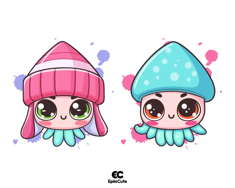 ปลาหมึกการ์ตูนน่ารักสวมหมวก ยิ้มแย้ม ตาใสเป็นประกาย - view 1