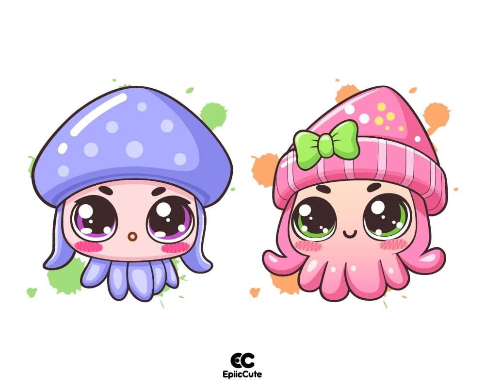 ปลาหมึกการ์ตูนน่ารักสวมหมวก ยิ้มแย้ม ตาใสเป็นประกาย