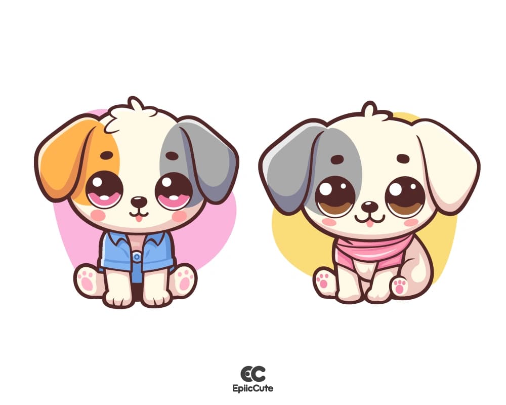 หมาน้อยนั่งกระดิกหางดุ๊กดิ๊ก มีลายหัวใจเป็นพื้นหลัง