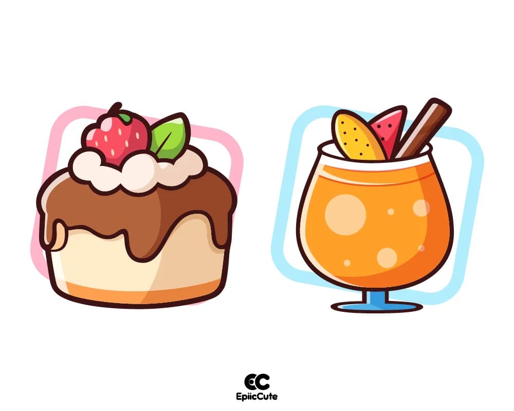 ขนมเค้ก และน้ำส้ม การ์ตูนเวกเตอร์สีสดใส น่ารับประทาน - view 1