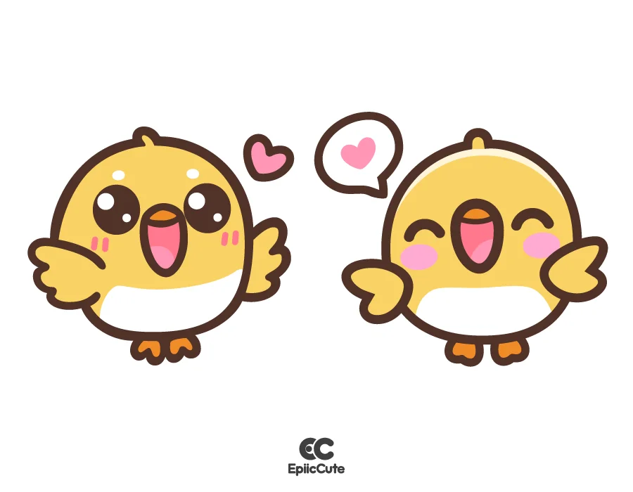 ลูกเจี๊ยบตัวสีเหลืองส้ม แก้มแดง ยิ้มร่า กางปีก ดุ๊กดิ๊ก มีความสุข พร้อมไอคอนรูปหัวใจ - view 1